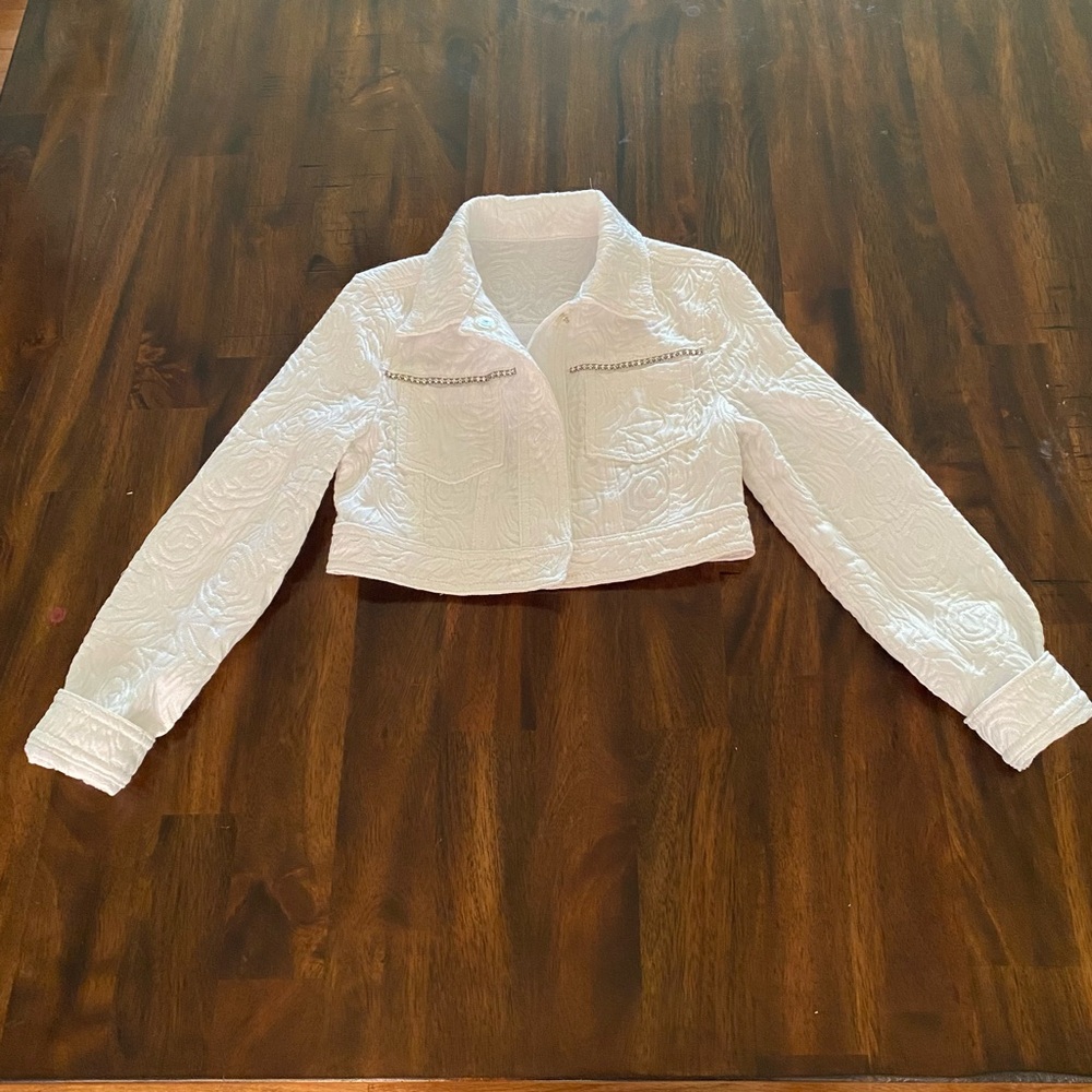 Monnalisa White Cropped Jacket with Crystal and Roses Embroidered Design